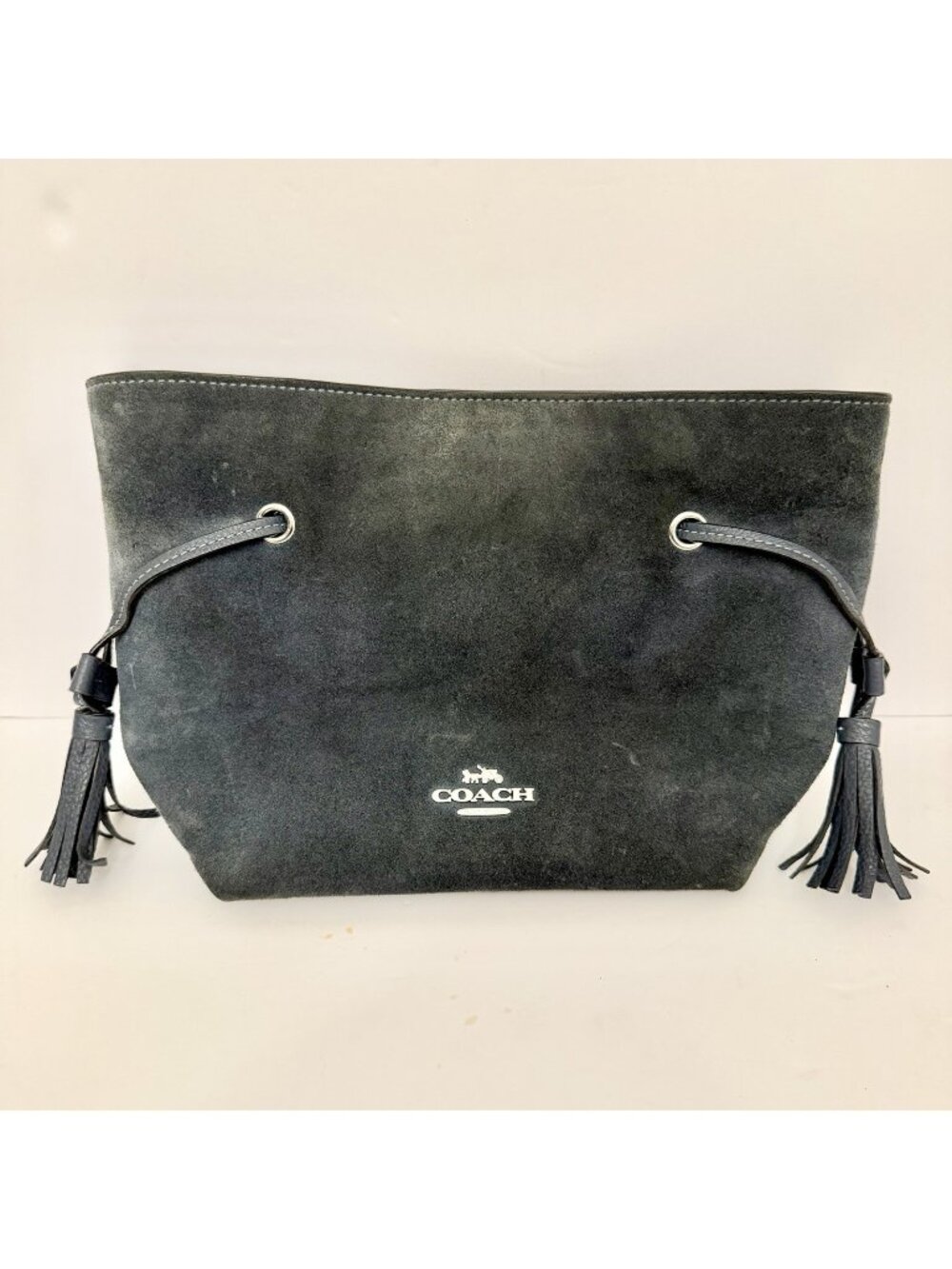 Coach Andy CM091 Gray Suede Bucket Boho Bag Drawstring Tassel Missing Strap